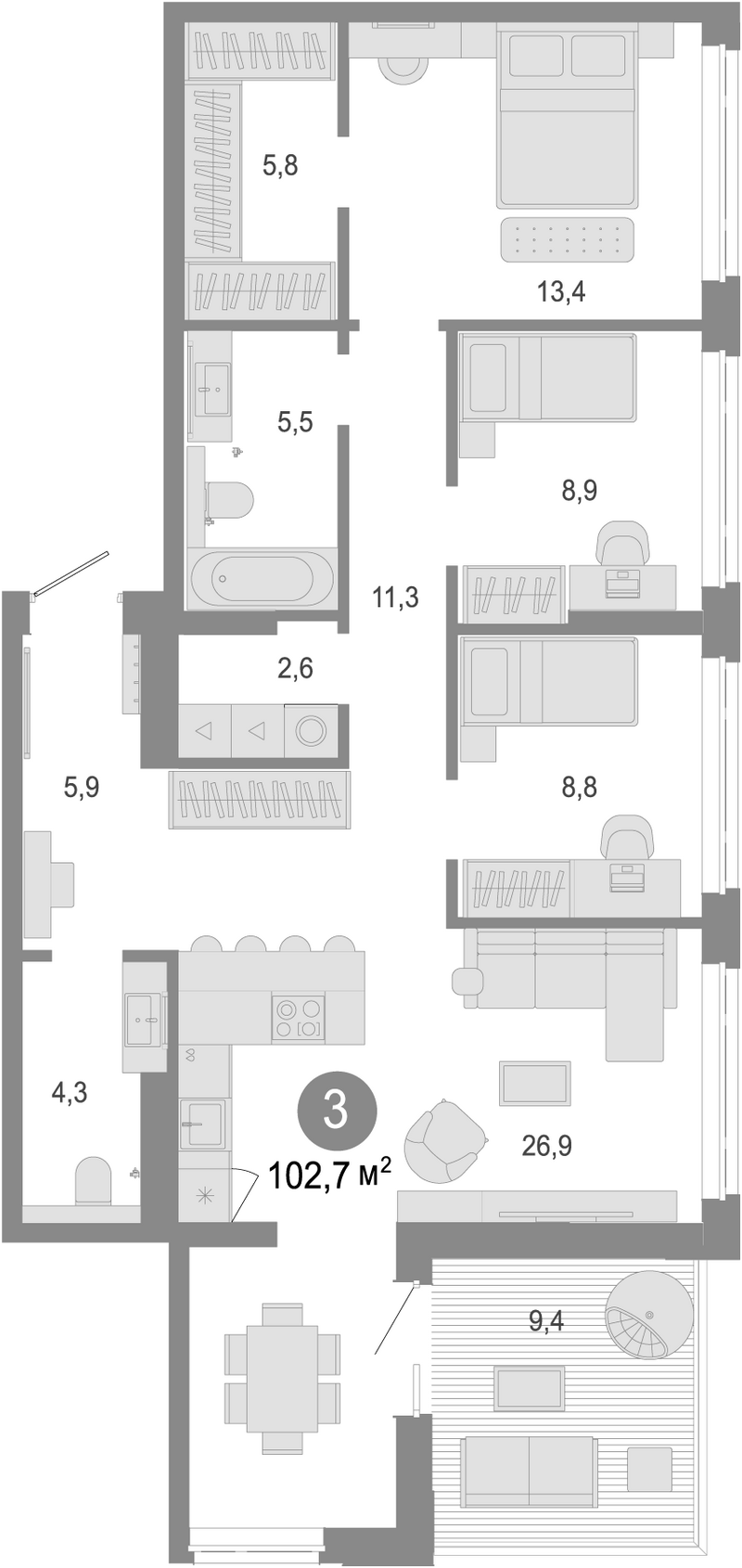 Планировка 4е-к.кв 93.30 м² в ЖК «Молодость»