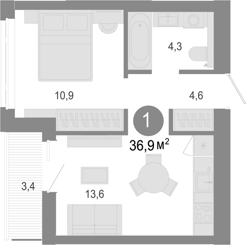Планировка 2е-к. квартира 35.20 м² в ЖК «Молодость»