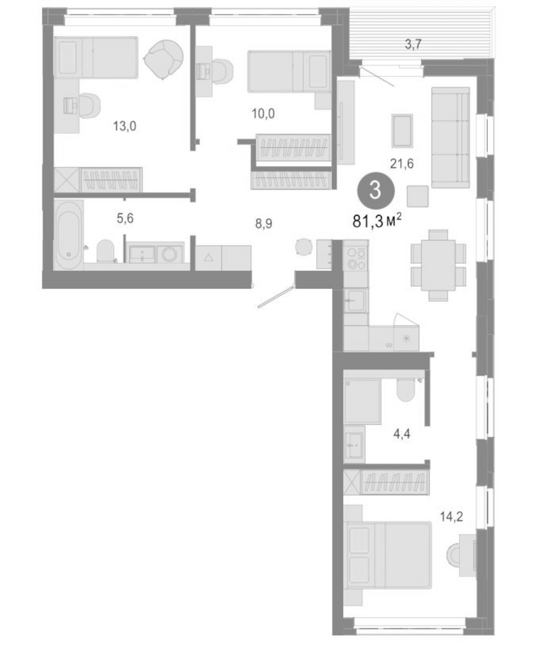 Планировка 4е-к.кв 77.60 м² в ЖК «Молодость»