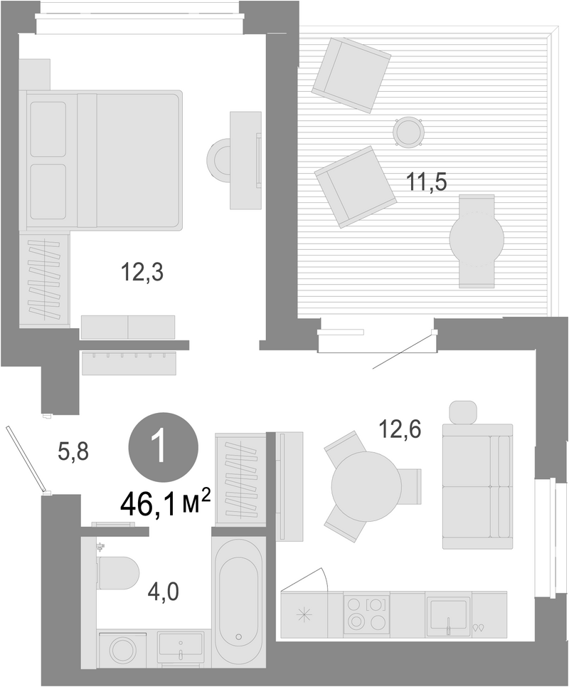 Планировка 2е-к. квартира 34.60 м² в ЖК «Молодость»