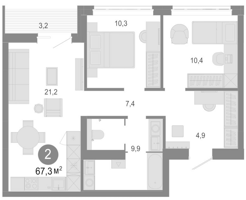 Планировка 3е-к. квартира 64.10 м² в ЖК «Молодость»