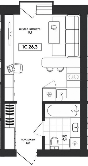 Планировка студии 26.27 м² в ЖК «Среда»