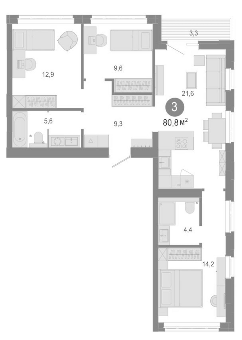 Планировка 4е-к.кв 77.50 м² в ЖК «Молодость»