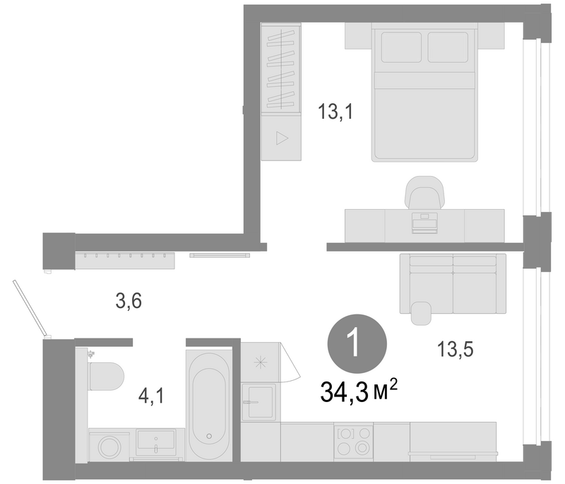Планировка 2е-к.кв 34.30 м² в ЖК «Молодость»