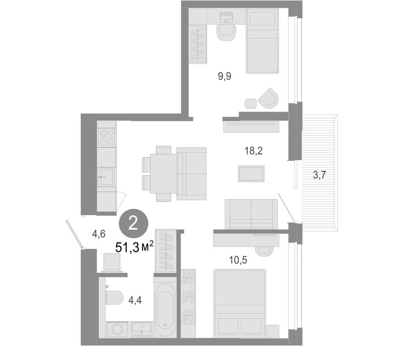 Планировка 3е-к. квартира 50.19 м² в ЖК «Молодость»