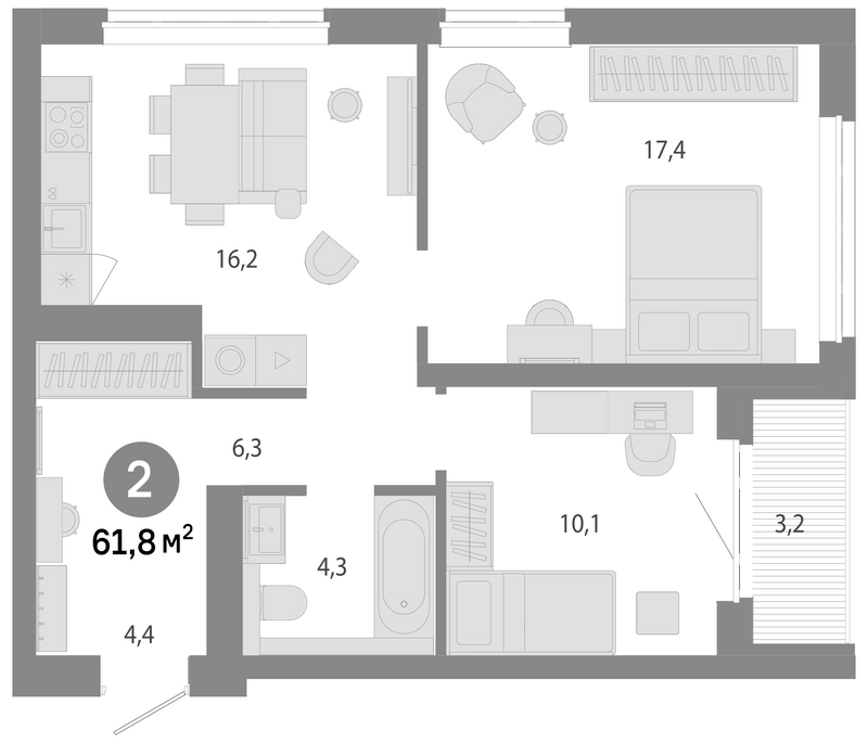 Планировка 3е-к.кв 58.60 м² в ЖК «Молодость»