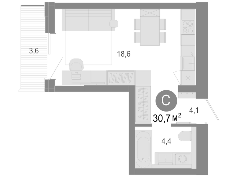 Планировка студия 29.62 м² в ЖК «Молодость»