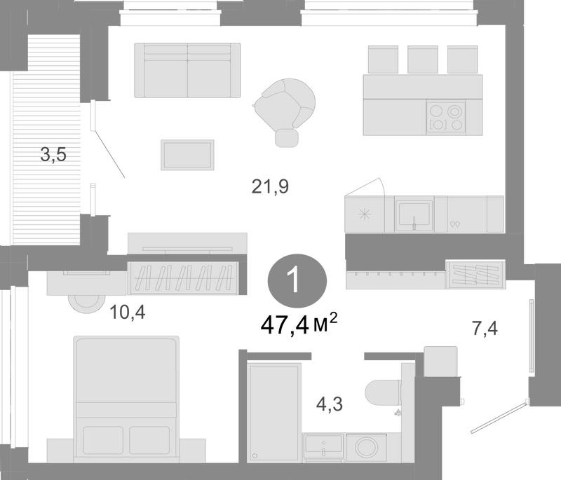 Планировка 2е-к. квартира 45.65 м² в ЖК «Молодость»