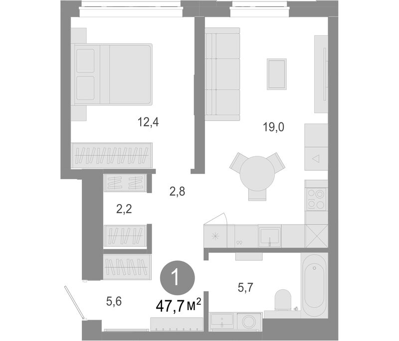 Планировка 2е-к. квартира 47.70 м² в ЖК «Молодость»