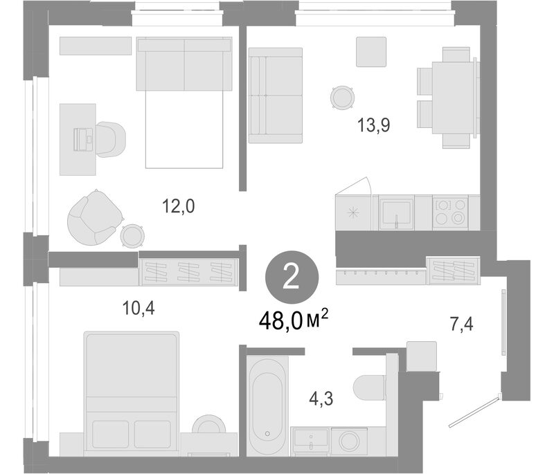 Планировка 3е-к. квартира 48.00 м² в ЖК «Молодость»