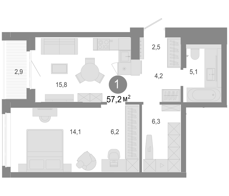 Планировка 2е-к.кв 54.30 м² в ЖК «Молодость»