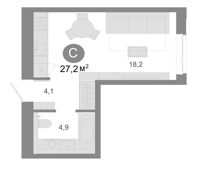 Планировка студия 27.20 м² в ЖК «Молодость»