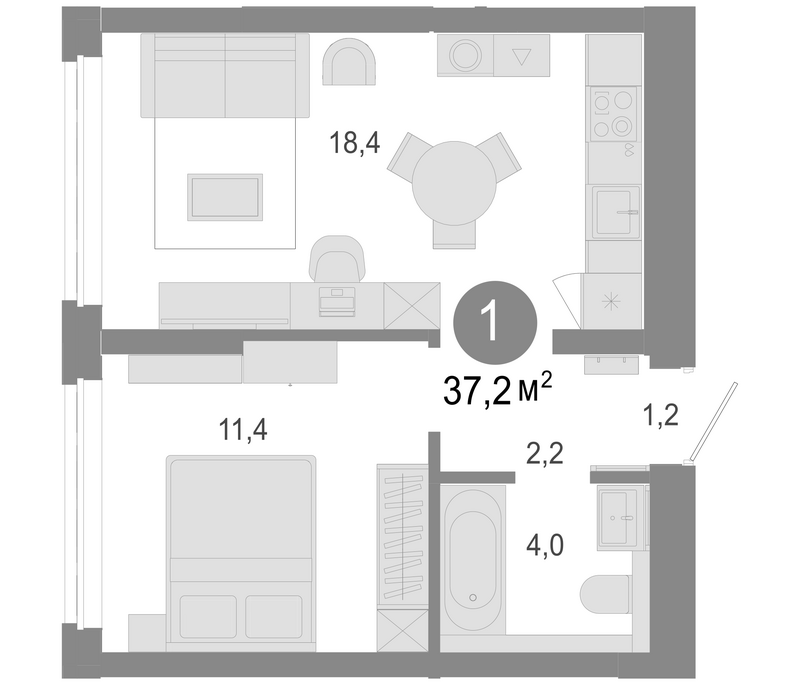 Планировка 2е-к.кв 37.20 м² в ЖК «Молодость»