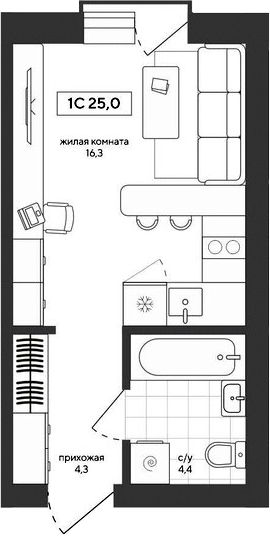 Планировка студии 25.01 м² в ЖК «Среда»