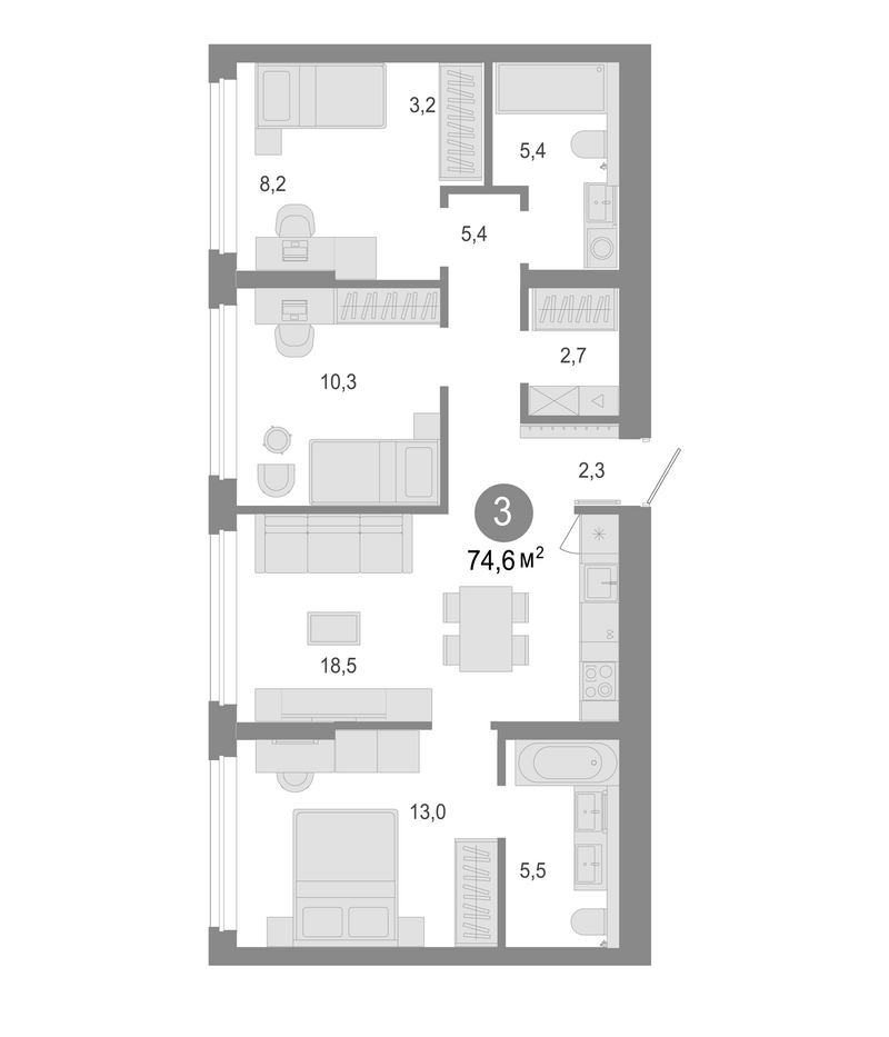 Планировка 4е-к.кв 74.60 м² в ЖК «Молодость»