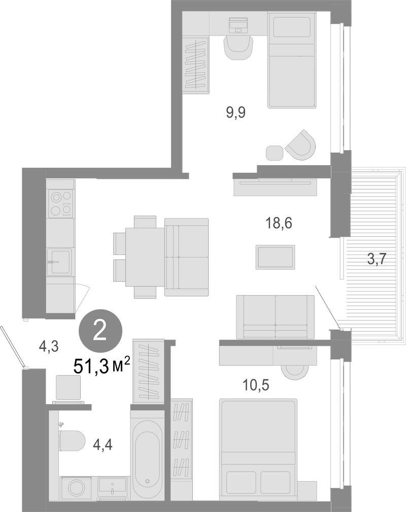 Планировка 3е-к.кв 50.19 м² в ЖК «Молодость»