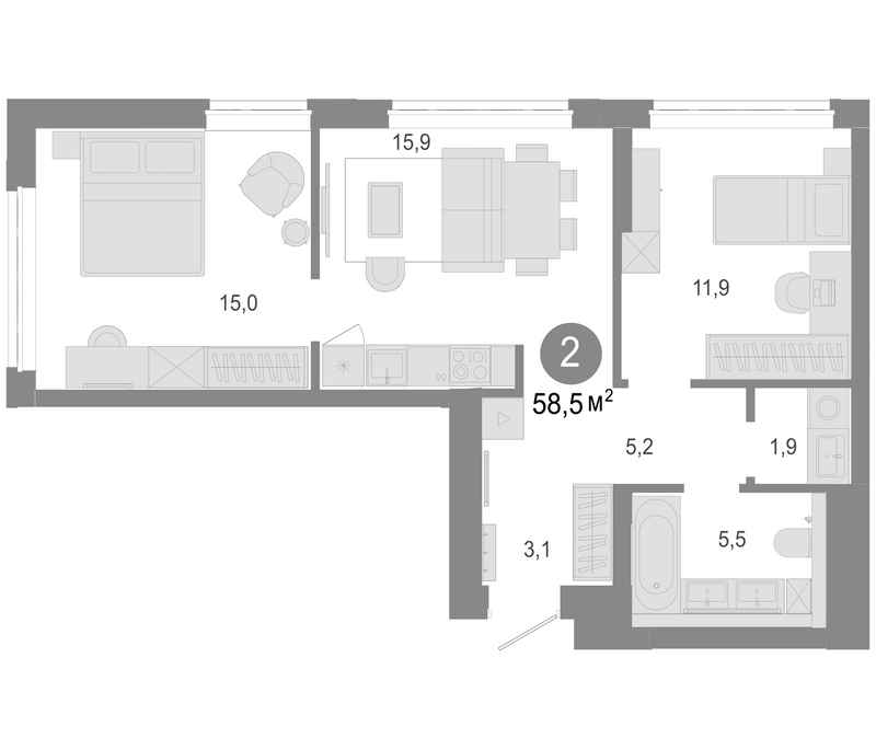 Планировка 3е-к.кв 58.50 м² в ЖК «Молодость»