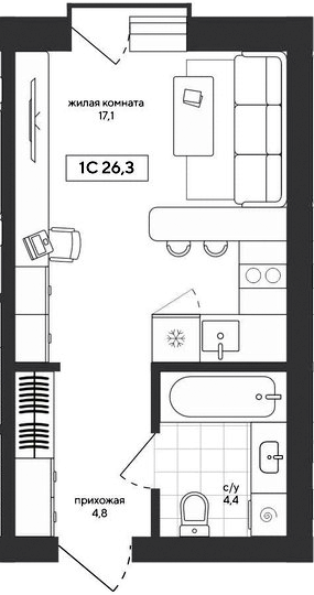 Планировка студии 26.27 м² в ЖК «Среда»