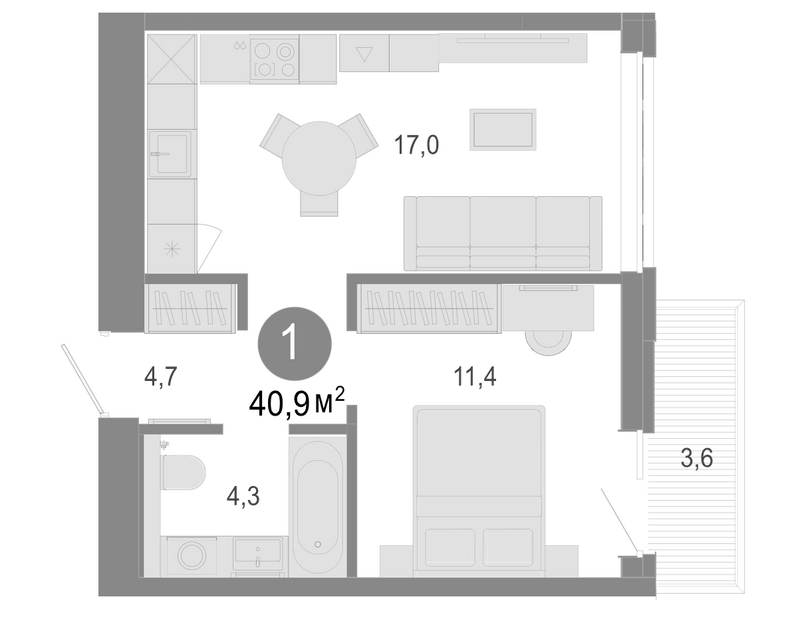 Планировка 2е-к.кв 39.82 м² в ЖК «Молодость»