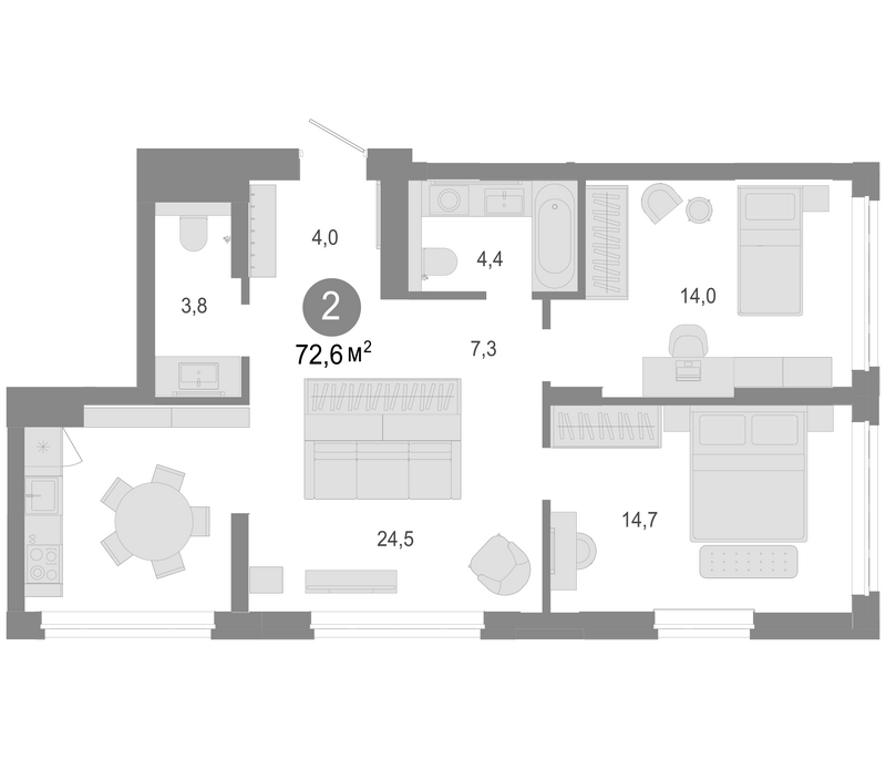 Планировка 3е-к. квартира 72.60 м² в ЖК «Молодость»