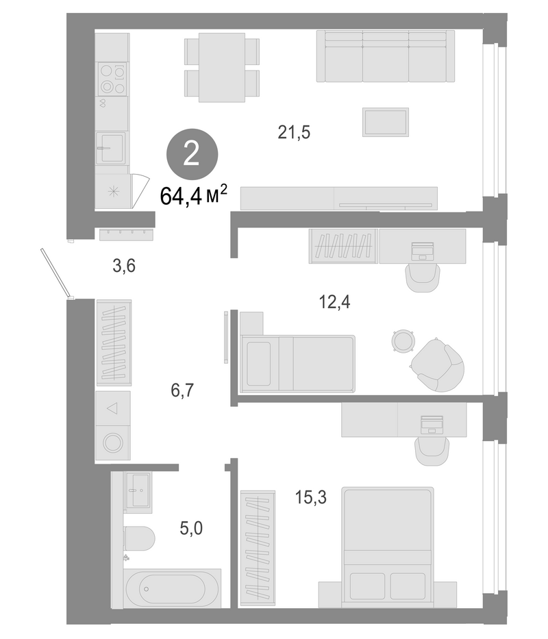 Планировка 3е-к.кв 64.40 м² в ЖК «Молодость»