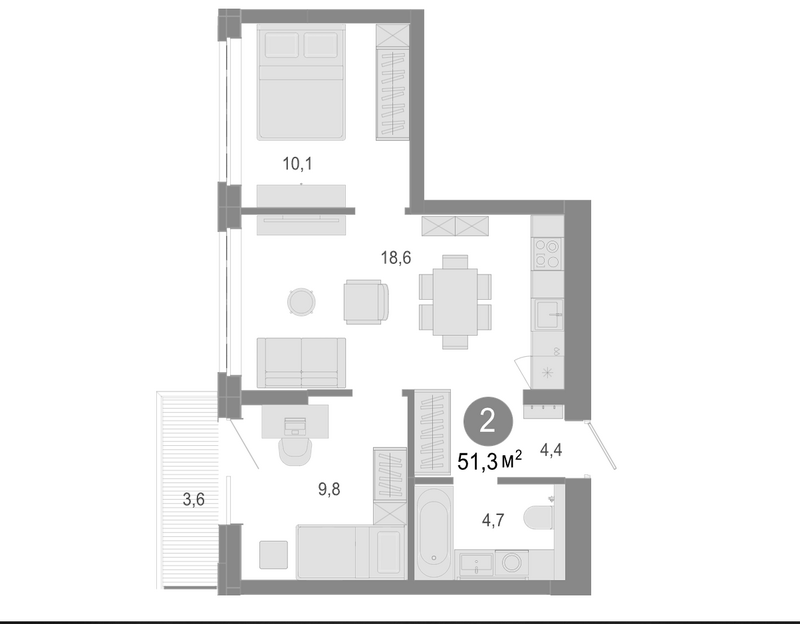 Планировка 3е-к. квартира 50.22 м² в ЖК «Молодость»