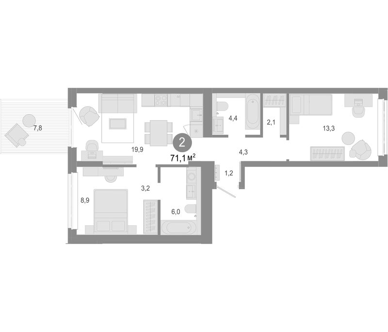 Планировка 3е-к. квартира 63.30 м² в ЖК «Молодость»