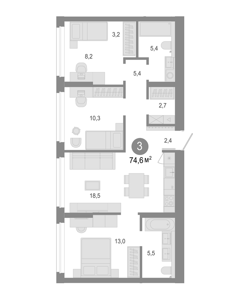 Планировка 4е-к. квартира 74.60 м² в ЖК «Молодость»