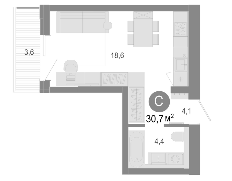 Планировка студии 29.62 м² в ЖК «Молодость»
