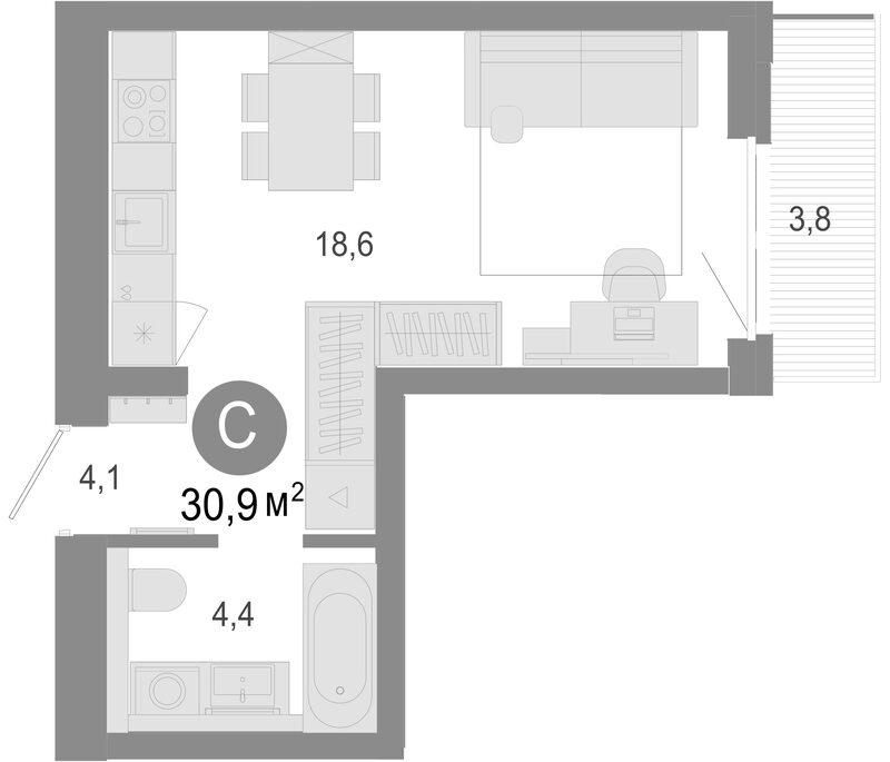 Планировка студия 29.76 м² в ЖК «Молодость»