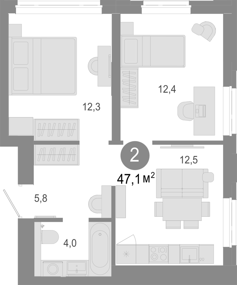 Планировка 3е-к.кв 47.10 м² в ЖК «Молодость»