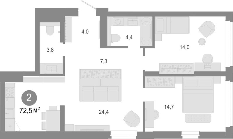 Планировка 3е-к. квартира 72.50 м² в ЖК «Молодость»