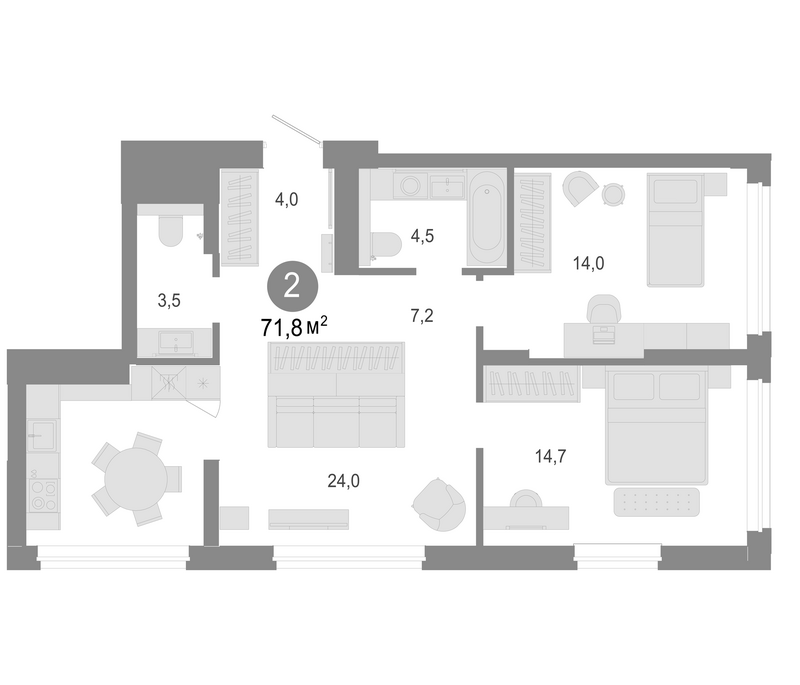 Планировка 3е-к. квартира 71.80 м² в ЖК «Молодость»