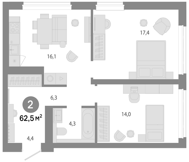 Планировка 3е-к. квартира 62.50 м² в ЖК «Молодость»