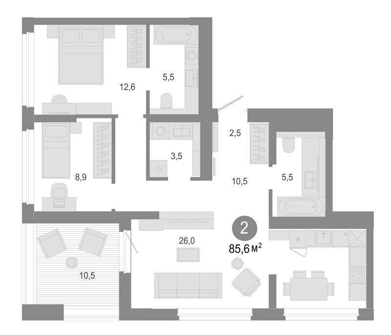 Планировка 3е-к. квартира 75.10 м² в ЖК «Молодость»