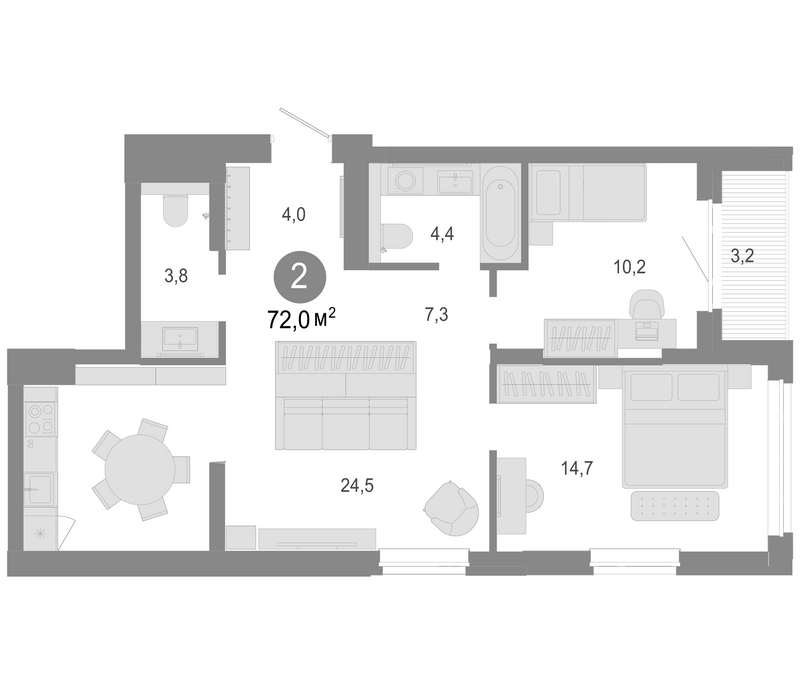 Планировка 3е-к. квартира 68.80 м² в ЖК «Молодость»