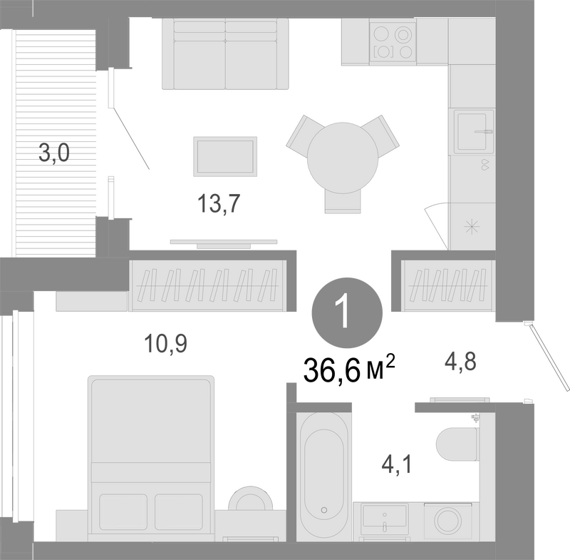 Планировка 2е-к. квартира 35.10 м² в ЖК «Молодость»