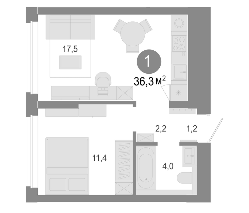 Планировка 2е-к. квартира 36.30 м² в ЖК «Молодость»