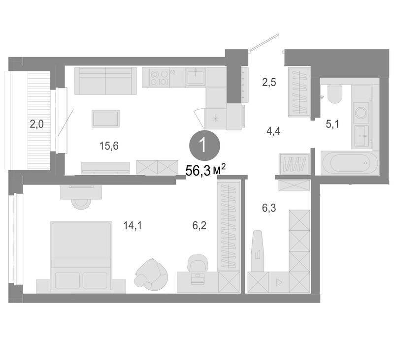 Планировка 2е-к. квартира 54.30 м² в ЖК «Молодость»