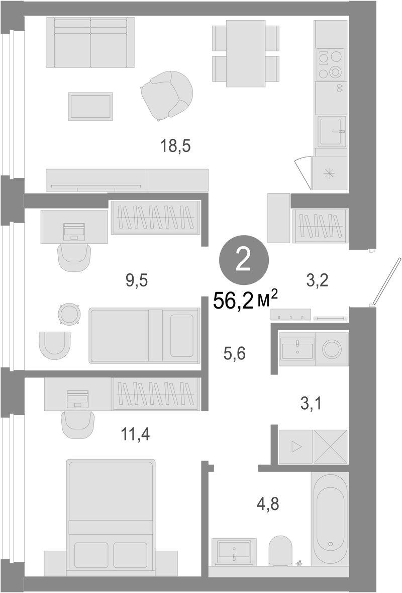 Планировка 3е-к. квартира 56.20 м² в ЖК «Молодость»