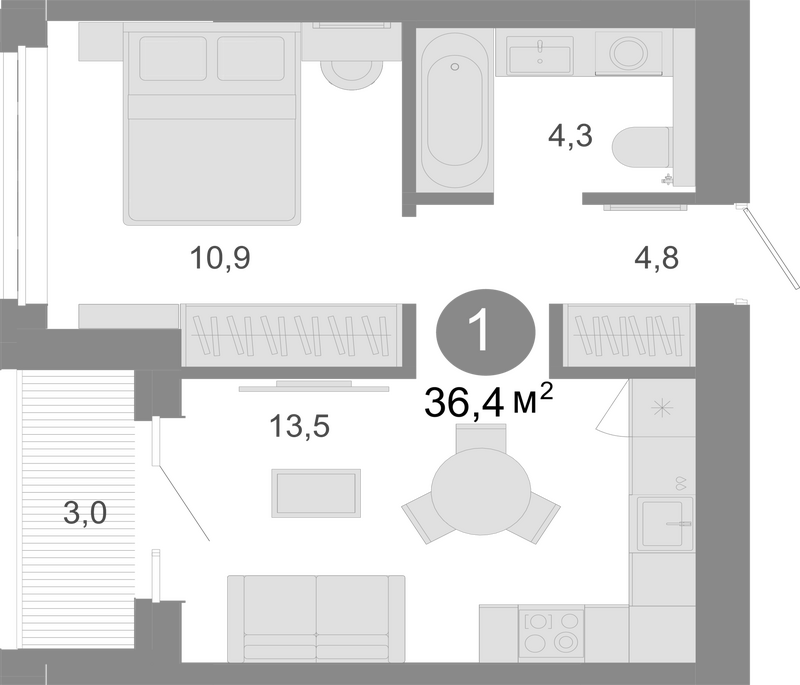 Планировка 2е-к. квартира 34.90 м² в ЖК «Молодость»