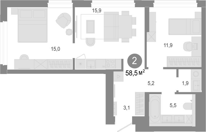 Планировка 3е-к. квартира 58.50 м² в ЖК «Молодость»