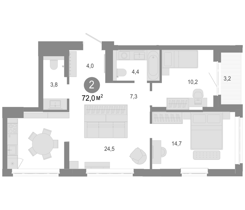 Планировка 3е-к. квартира 68.80 м² в ЖК «Молодость»