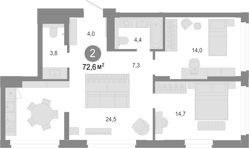 Планировка 3е-к. квартира 72.60 м² в ЖК «Молодость»
