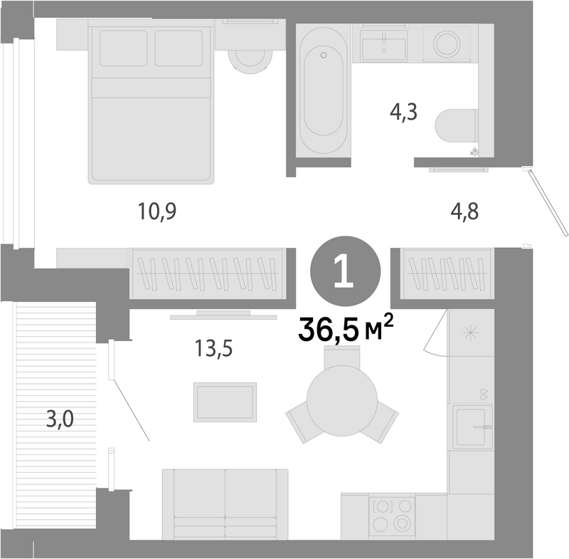 Планировка 2е-к. квартира 35.00 м² в ЖК «Молодость»