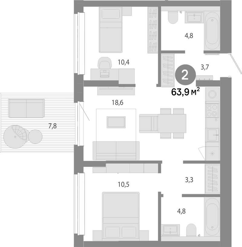 Планировка 3е-к. квартира 56.10 м² в ЖК «Молодость»