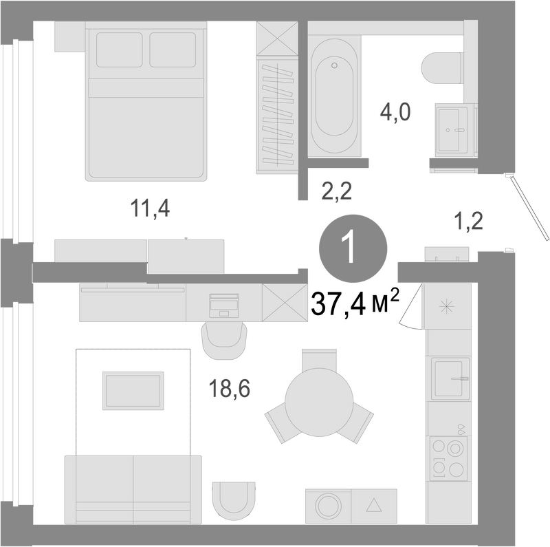 Планировка 2е-к. квартира 37.40 м² в ЖК «Молодость»