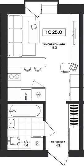 Планировка студии 25.01 м² в ЖК «Среда»