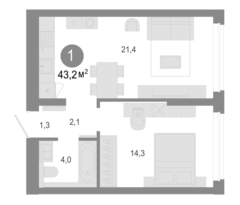 Планировка 2е-к. квартира 43.20 м² в ЖК «Молодость»