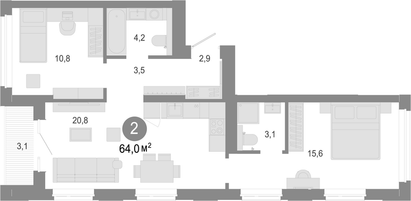 Планировка 3е-к. квартира 62.45 м² в ЖК «Молодость»